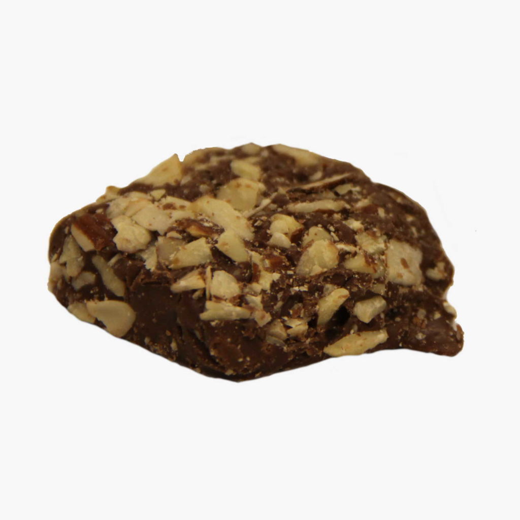 A single piece of sugar-free English toffee coated in milk chocolate and sliced almonds
